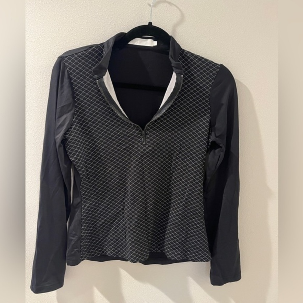 Anne Fontaine Women's Medium 1/4 Zip Pullover Athletic Top Black Diamond Pattern